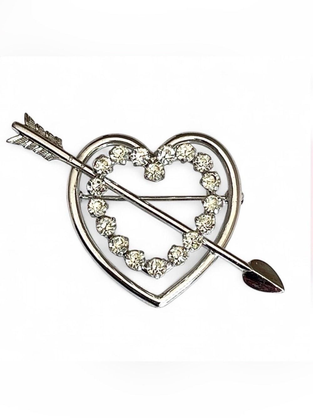 Krementz RARE Vintage Signed Rhinestone Heart  & Arrow Brooch 2” Silver Tone 70s